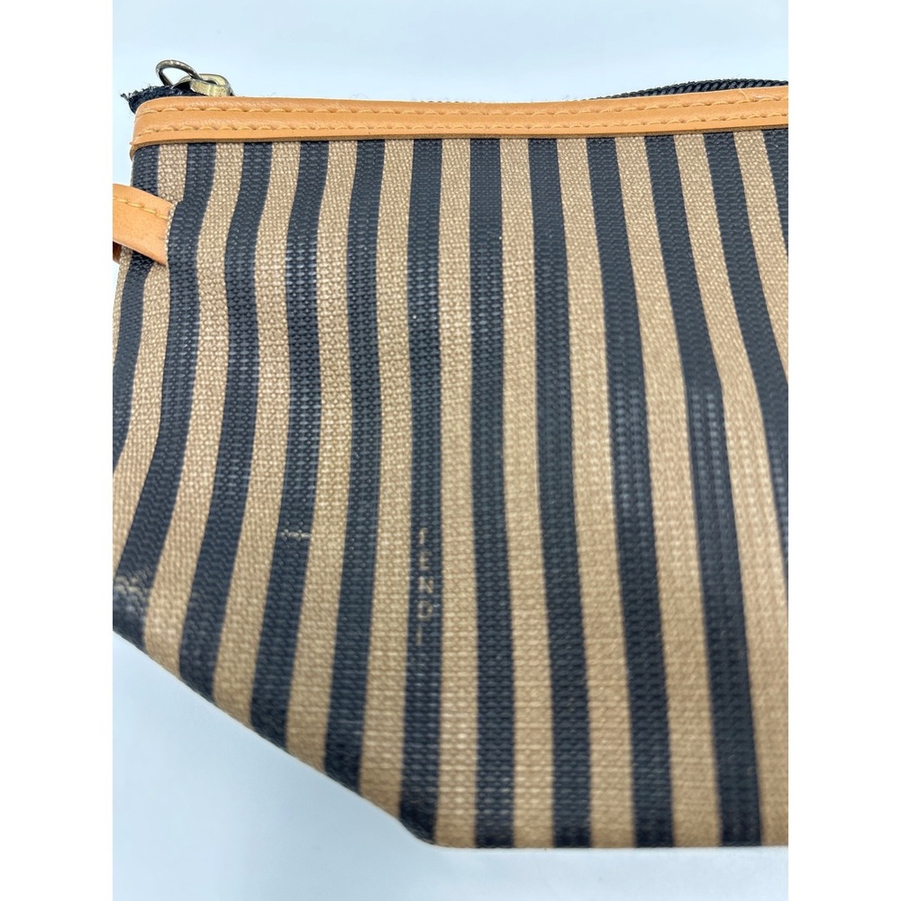 Fendi Pequin Striped Canvas Leather Cosmetic Pouch Bag Brown Black Vintage Italy - Picture 4 of 8